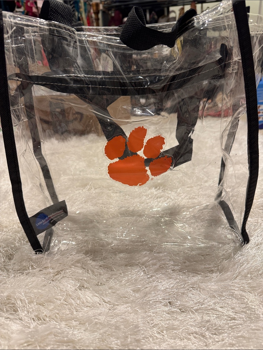 🧡🧡🧡🧡🧡Clear Tote Bag with Clemson Orange Paw Accent - Black Trim Game Day!
